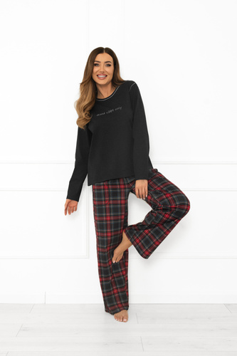 Italian Fashion pijama de mujer de algodón melange oscuro, manga larga y pantalón, a cuadros