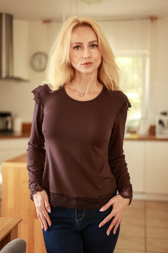 Mirale Ivy Blusa de viscosa para mujer con encaje elegante manga larga - marrón