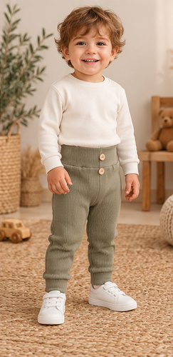 Leggings para niño LC009 khaki de algodón acanalados con botones de madera