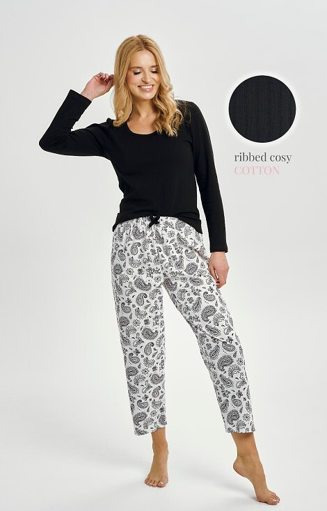 3454 Taro pijama de mujer de algodón negro - manga larga, pantalón estampado