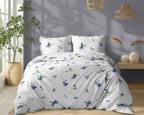5769 B Algodón Bloom Detexpol ropa de cama blanca con flores azules con hojas verdes - 100% algodón, doble cara, producción polaca