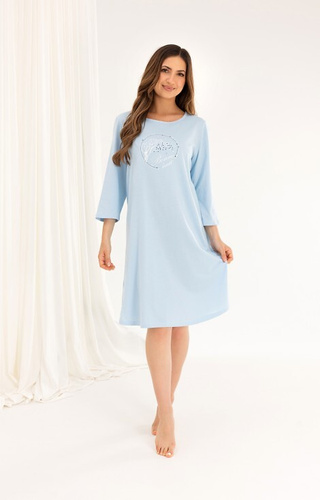 Camisón de algodón 167 azul - manga 3/4, estampado, acampanado, por debajo de la rodilla