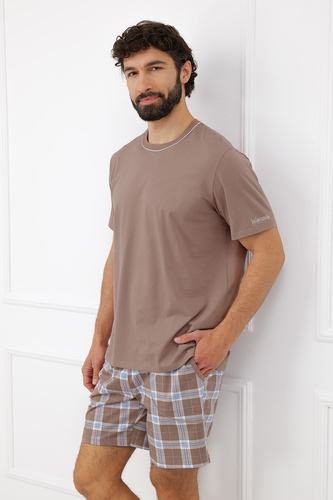 Pijama para hombre Italian Fashion Dante algodón corto pantalones cortos a cuadros con bolsillos cappuccino