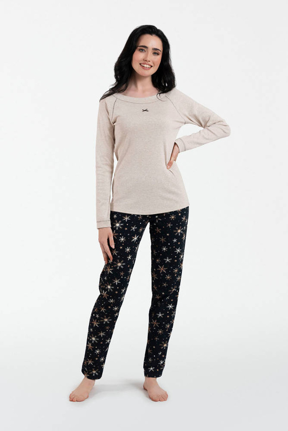 Pijama Denali Ladies manga larga, pantalón largo Italian Fashion- beige melange/print