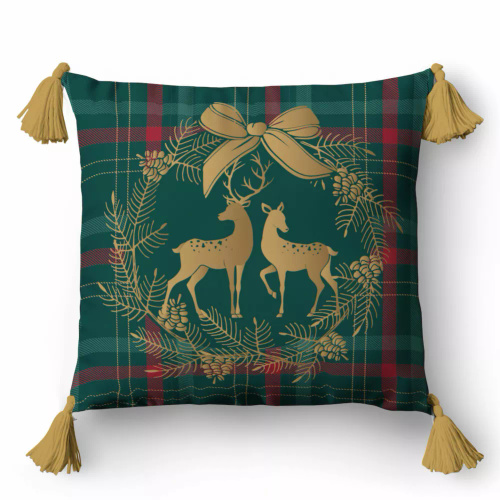 5380 A Christmas Deco Funda de cojín decorativa Detexpol reno en corona sobre fondo de cuadros- zip