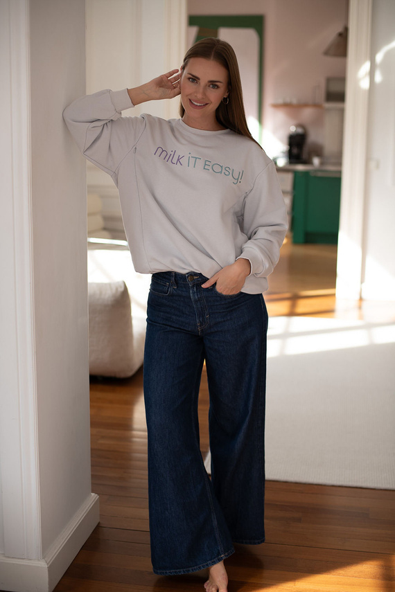 Milk It Easy! Sudadera premamá y de lactancia Milk&Love gris claro – oversize, cremalleras ocultas, algodón