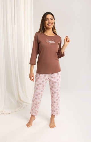 702 Regina pijama de algodón marrón - mujer, manga 3/4, 7/8 pantalón estampado