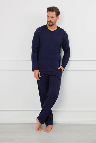 Ludwik Pijama de manga larga para hombre, pantalón largo Moda Italiana - azul marino