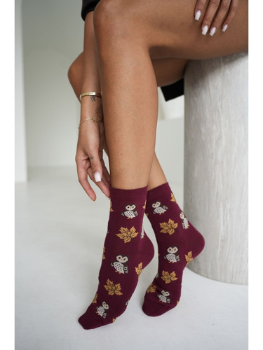 Milena 0200-267 calcetines de mujer de algodón con búhos y hojas burdeos