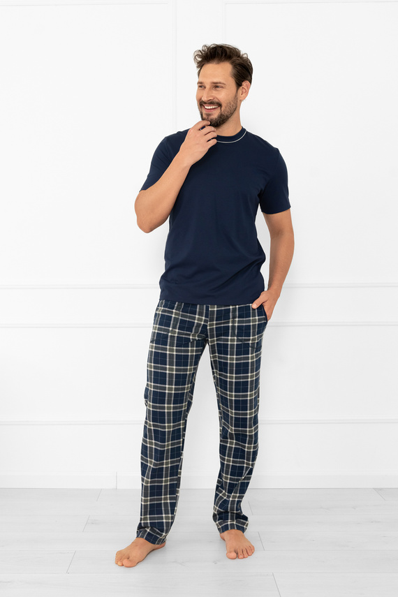 Pijama de hombre Andreas - manga corta, pantalón largo, algodón Moda Italiana - azul marino/estampado
