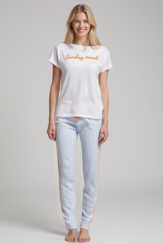 Dana Pijama de mujer Sorbetto azul - 100% algodón, manga corta, pantalón a cuadros, conjunto