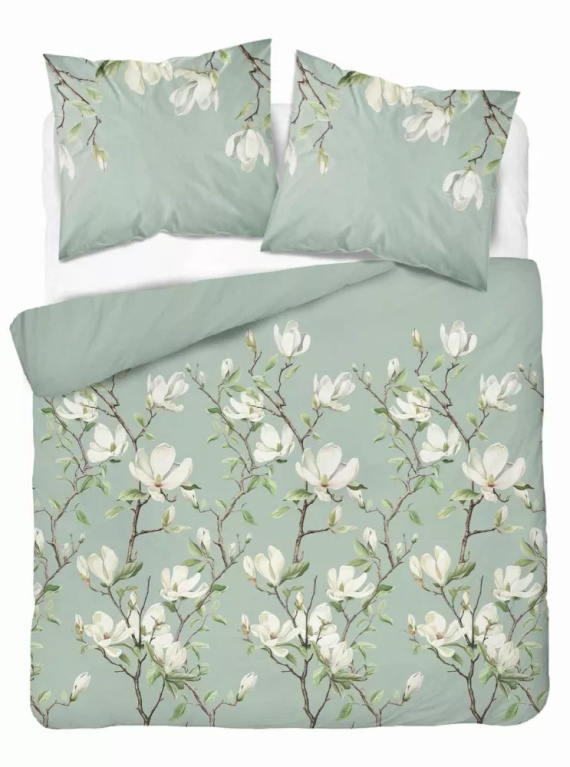 5497 B Ropa de cama de algodón menta con flores blancas de magnolia Naturalis- Detexpol