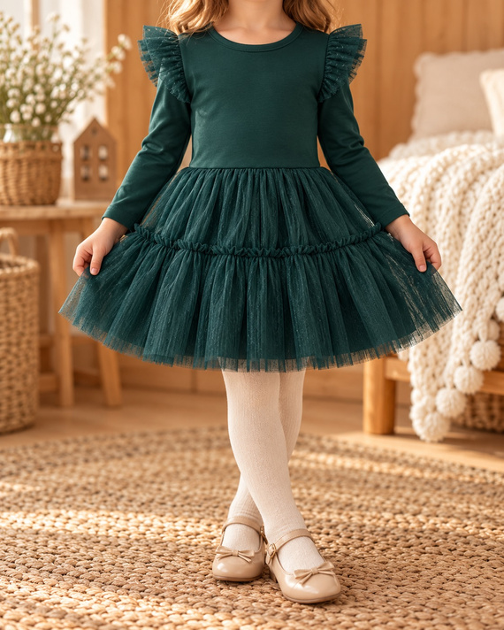 Vestido infantil Mamatti SK719 de algodón con tul suave y mariposas verde