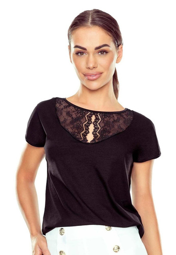 Elegante blusa de mujer Anora Eldar negra | Inserción de encaje, viscosa elástica, manga corta | Ideal para el trabajo y ocasiones especiales