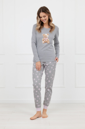Pijama de algodón gris Sara Ladies' Italian Fashion, manga larga y pantalón