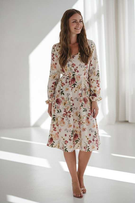 Lovely Dress Midi Milk&Love vestido de maternidad y lactancia floral crema en lino, corte elegante con cremalleras de lactancia