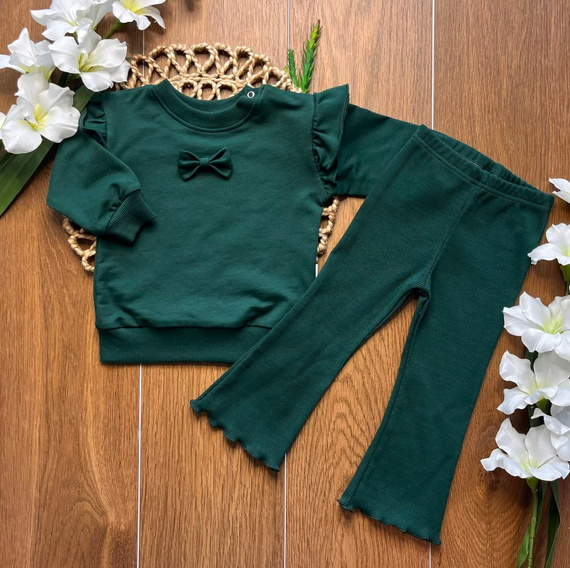 Mamatti DR719 chándal de niña de algodón verde sudadera con lazo leggings campana