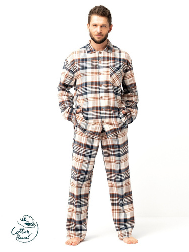 Pijama de hombre Key MNS 443 marrón - franela de algodón, manga larga, abotonado