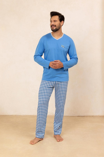 Pijama de hombre Regina 491 azul - algodón, manga larga, cómodo y clásico