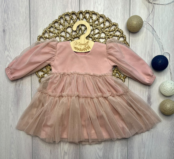 Vestido para niña Mamatti SZ352 de algodón con tul, manga larga - rosa