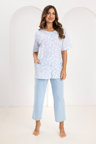 Pijama 738 Regina azul - de las mujeres de algodón a rayas, camisa con botones y bolsillos, pantalones 7/8