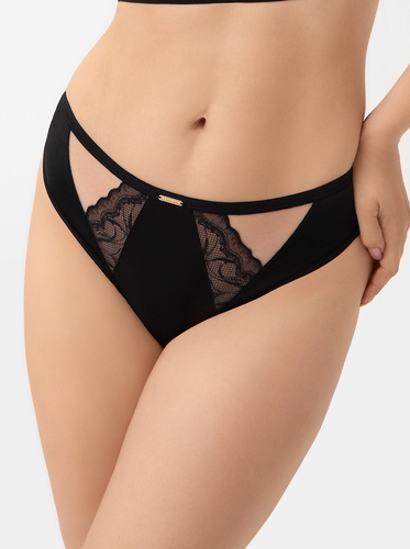 Braguita Brasil B 001 Lexi Gorsenia negra - braguita de mujer con inserción de encaje, talle medio, tul elástico y microfibra, detalles decorativos en oro rosa