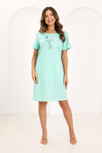 Camisón de señora Regina 172 verde- 100% Algodón, Manga corta, Medio escote redondo, Estampado, Largo hasta la rodilla