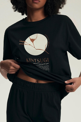 Pijama de mujer 43728 Dairoku negro - algodón, manga corta, pantalón de rejilla