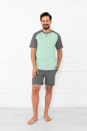 Pijama de hombre Alexander Italian Fashion - manga corta y pantalón corto, 100% algodón - salvia/melange