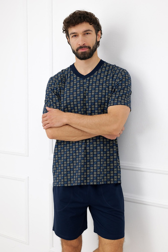 Pijama masculina Rufin Italian Fashion de algodón, manga corta, pantalones cortos azul marino