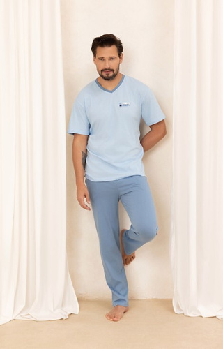 498 Pijama hombre de algodón azul Regina - Camiseta cuello pico + pantalón largo