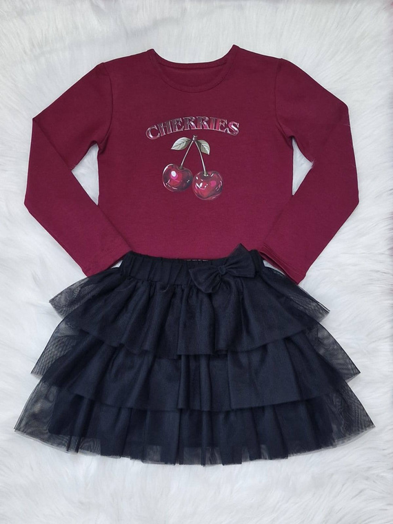 Cerezas Bambarillo blusa niña granate - algodón, manga larga, estampado