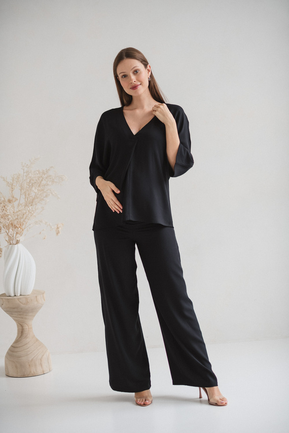 Mamafullness Blusa de embarazada para lactancia Milk&Love negra- viscosa, manga 3/4, oversize