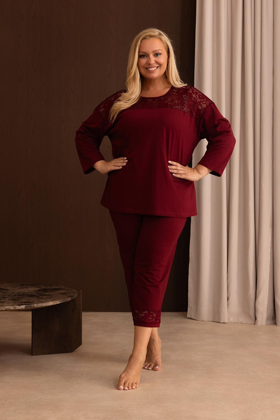 Pijama de mujer Regina 4014 100% algodón encaje manga larga 3/4 - burdeos