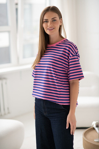 Camiseta de maternidad y lactancia Mamahood Milk&Love a rayas rosas y azules - cómoda y elegante