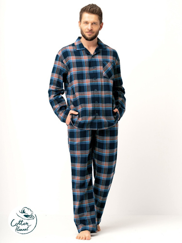 Pijama de hombre Key MNS 431 azul marino - franela de algodón, manga larga, abotonado