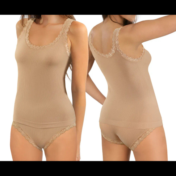 Camiseta mujer Sesto Senso 6109 encaje sin costuras elástica beige