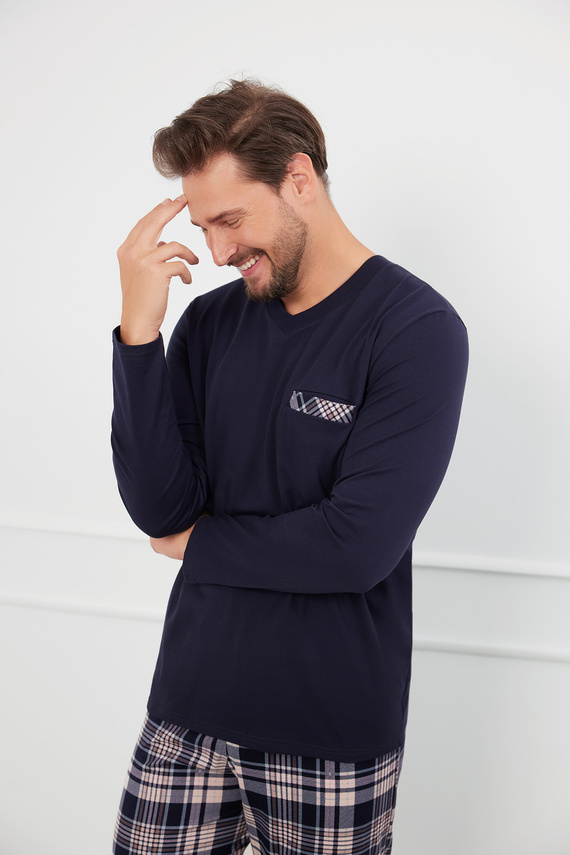 Edwin Pijama hombre manga larga, pantalón largo Moda Italiana - azul marino/estampado