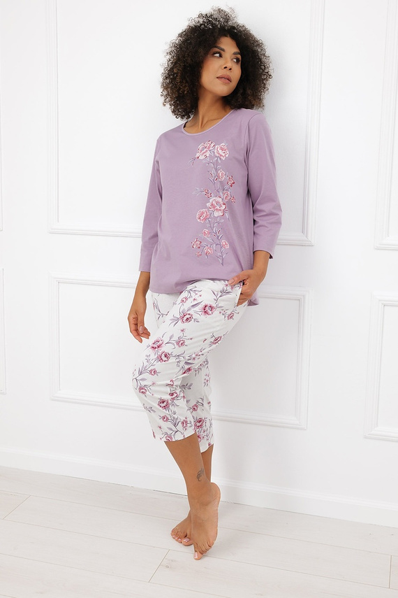 Italian Fashion Karilla Pijama de mujer 100% algodón 3/4 flores brezo