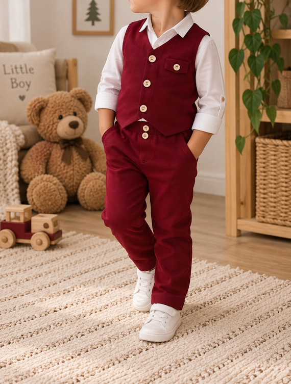 Mamatti KC020 conjunto elegante niño chaleco pantalón burdeos