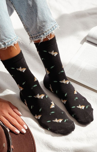 0200-182 Foxes and Leaves Calcetines de mujer Milena - algodón- negro