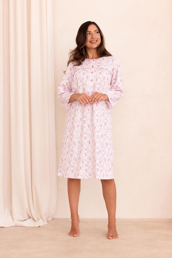 Camisón Regina 022 100% Algodón Manga 7/8 Estampado Vegetal - rosa