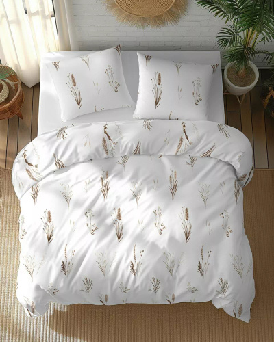 5771 B Algodón Bloom Detexpol ropa de cama blanco con hierbas y marrón y beige tussock - 100% algodón, doble cara, pulido hecho