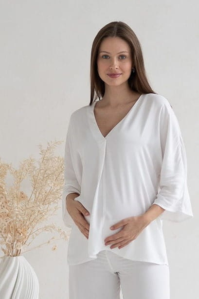 Mamafullness Blusa de lactancia Milk&Love blanca - viscosa, manga 3/4, oversize