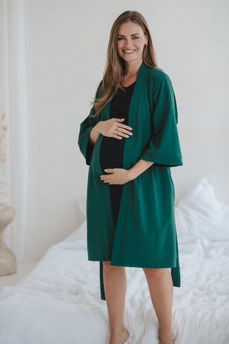 Milk&Love bata de maternidad verde botella - algodón con elastano, cómoda, manga 7/8