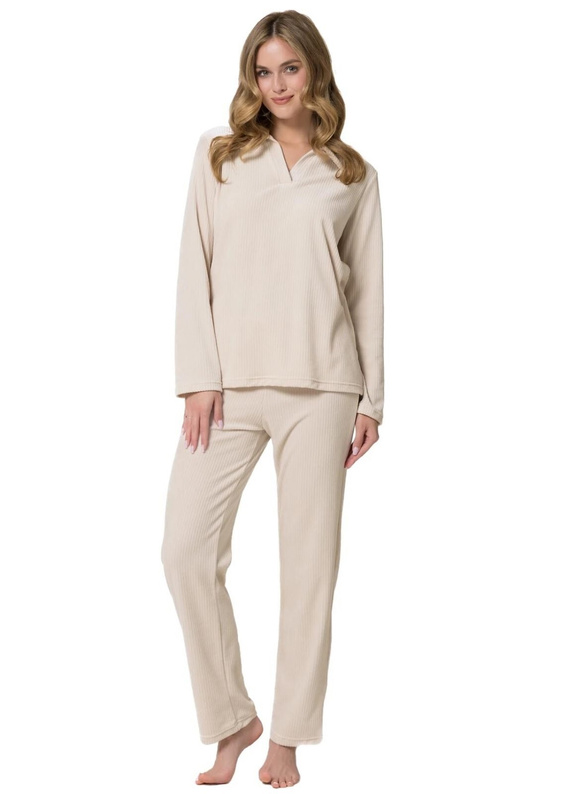 Leveza Dafne 1817 Pijama de Mujer de Terciopelo Conjunto Largo Homewear Beige