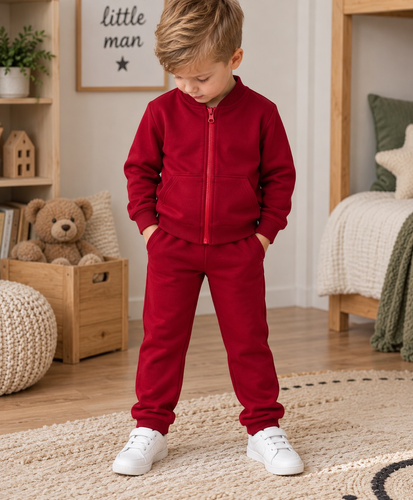 Mamatti DR920 chándal infantil de algodón burdeos con sudadera con cremallera y cuello alto, pantalones con bolsillos