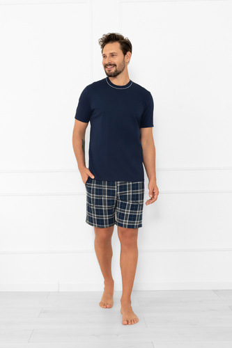 Pijama de hombre Andreas - algodón, manga corta y pantalón corto a cuadros Moda Italiana - azul marino/estampado