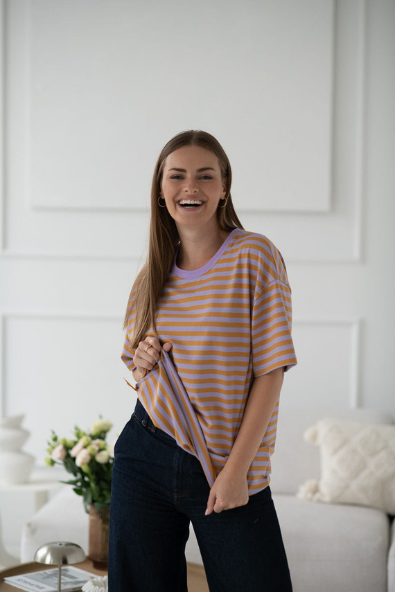 Mamahood Camiseta de embarazo y lactancia Milk&Love a rayas miel y lila - cómoda y elegante