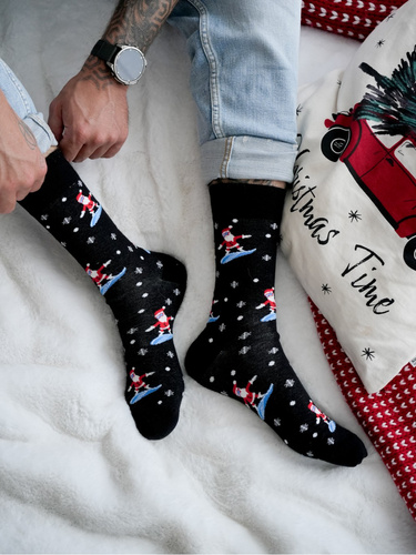 1290-032 Calcetines de Navidad para hombre Milena - Santa en Snowboard, negro